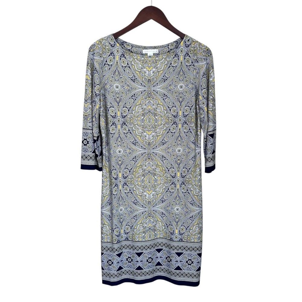 London Times Navy Yellow Paisley Shift Dress Stretch Jersey Knit Resort Brunch